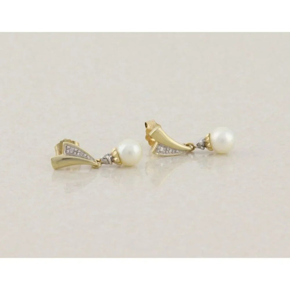 10k Yellow Gold Freshwater Pearl Earrings Dangle Drop - Picture 8 of 9